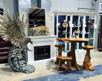 Eagle Sculpture, Oak Bar Table and Stools, Electric Fireplace, Bobcat and Mirror Orlando Estate Auction