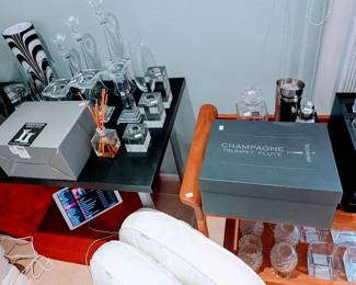 Lead Crystal Vases, Ralph Lauren Crystal Decanter, Waterford Champagne Flute Set, Teak Service Cart.