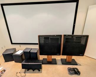 Projection Screen, Polk  Subwoofers, Polk Side Channel Speakers, Dahlquist DQ-10 Speakers, JBL Center Channel