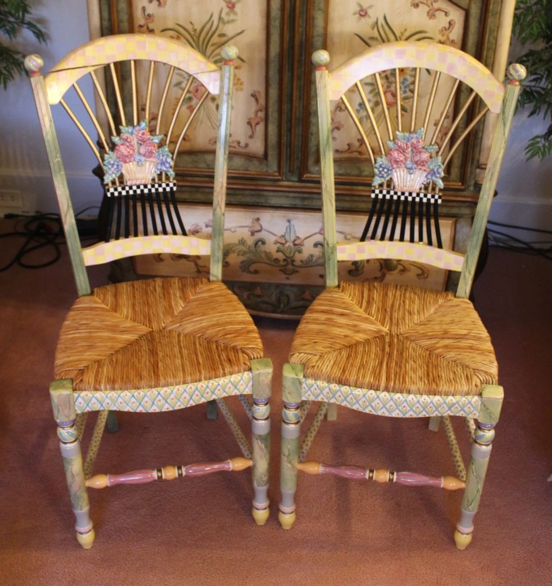 BUY IT NOW! $1500.00. Pair of MacKenzie Childs light flower basket side chairs.