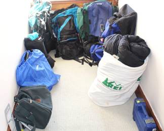 Misc. backpacks, Rei 20 degree sleeping bag,  camping gear.