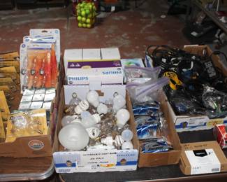 Large variety of light bulbs, loose electronics cords.
