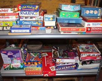 Games, crafts and metal shelf.