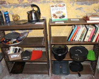 Metal shelves, books, kitchen items.