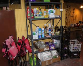 Bag chairs. Metal shelf, misc. cleaning supplies.