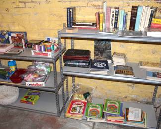 Metal shelves, books, misc.
