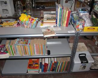 Metal shelves, children's books and games.