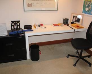 Two drawer file cabinet. Desk and office chair, misc.