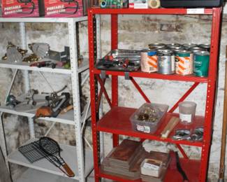 Metal shelves, paints, halogen lights, hardware.