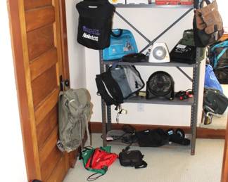 Metal shelf, backpacks, misc.