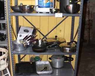 Metal shelf, misc. kitchen items.
