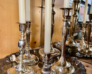 Lot 113; Lot of silverplate candlesticks and a tray, candles included