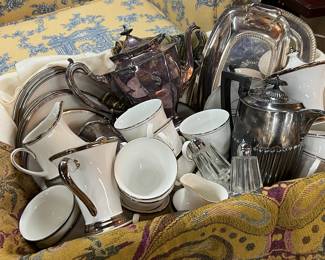 Lot 100: Coffee? Tea? Huge Basket of Noritake, Lenox & Mikasa cups, saucers, cream & sugar and silver plated spouted pots