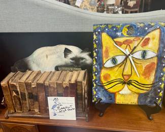Lot 103; It’s time to curl up with the purrfect lot of vintage books in a wooden stretcher and more!