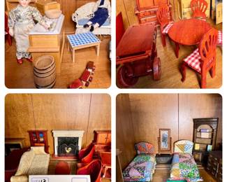 Lot 17: Over 40 pieces of vintage doll house furniture and porcelain dolls