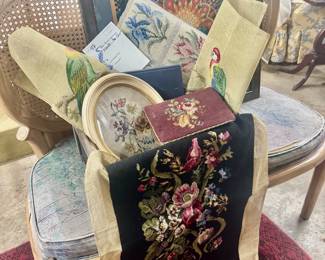 Lot 47: Needlepoint lot: book, cushion, pre-worked canvas, etc…box included