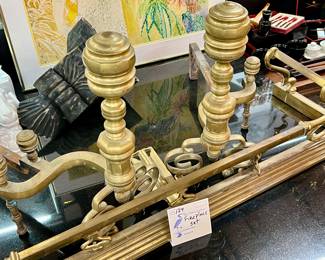 Lot 124: Antique Brass Andirons & Fender