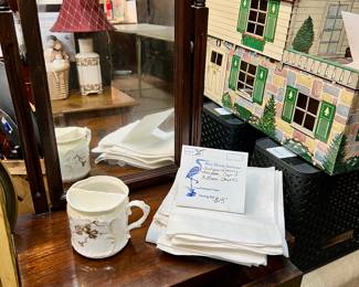 Lot 25: Antique Shaving  Mirror Cabinet w/Cup, & Linen Towels 