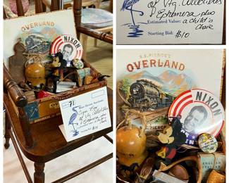 Lot 71: Cigar Box filled with tiny vintage treasures… And an adorable little chair! 