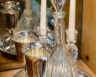 Lot 66: Crystal Decanter, candlesticks, silverplate goblets and more!