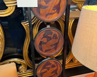 Lot 59: Handcarved Haitian three teired stand, wooden fish bowl and two more carved fish