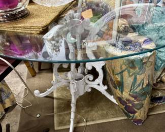 Lot 137: Vintage scrolled iron, glass topped table
