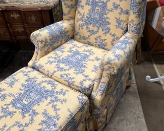 Lot 46: French Toile Upholstered Wingback Chair and Ottoman 
