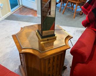 Set available as pre sell for 500. Rare Mid Century Neo/Gothic Reverse Quatrefoil figured walnut End Table with cabinet set of 2. 
