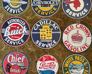 These were just found today nine beautiful metal porcelain signs advertising mostly automobiles