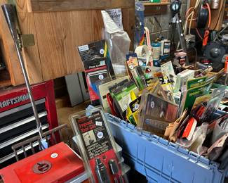 The blue tote at the center of the screen is stuffed to the gills with high-end accessories for tools to let our small drill sets of every shape size imaginable
