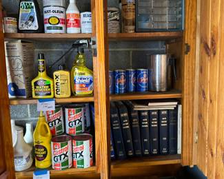Something fantastic Castro GTX vintage oil cans into the right at the bottom are Monroe vintage automotive books