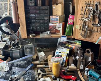 The tool bench has many smalls to large vintage items. Every single item is priced.