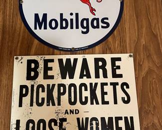 SUPREME NEW OLD STOCK Mobile Gas and Pickpockets Beware Porcelain on Metal Sign! ABSOLUTELY PRISTINE!