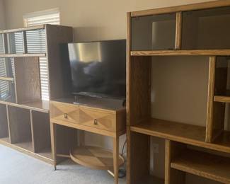 Solid Oak Entertainment center with bookshelf and smoked glass doors