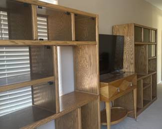 Solid Oak Entertainment center with bookshelf and smoked glass doors