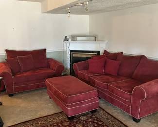 Oversized burgundy sofa, loveseat, ottoman