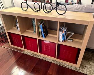 8-compartment book case with 4 bins
