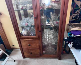 Side by side Broyhill continental tapestry curio display cabinet 