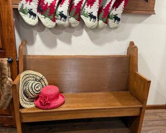 Church pew from Immanuel Lutheran Church, Honeycreek and stockings - mantel not for sale