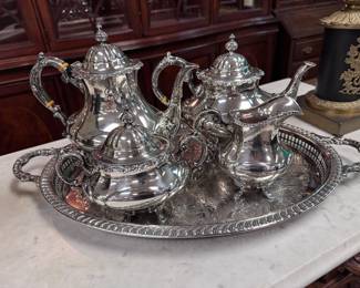 Reed & Barton 4 pc STERLING Silver Tea Set w/ Silverplate Tray