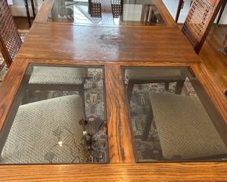 OAK AND GLASS DINING TABLE WITH 6 CHAIRS. $395.