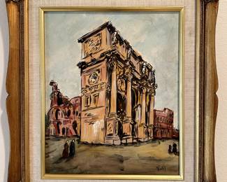 Oil of the Arch of Constantine with the Colosseum in Rome, Italy, signed by local artist.