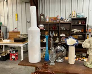 Tall White Vase & Blue & Clear Swung Vases