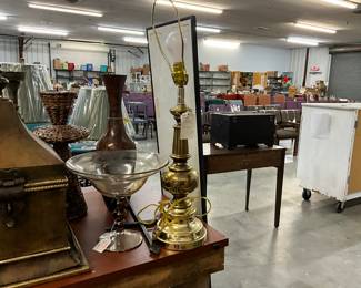 Glass Fruit Bowl & Brass Table Lamp
