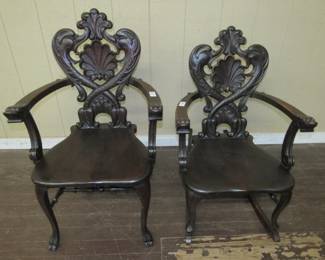 Mahogany Chair & Rocker w/Ornate Backs & Carved Heads