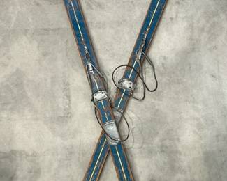 Pair of Wooden Skis in Old Blue Paint