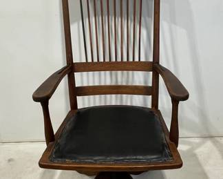 Oak Spindle Back Desk Chair with Brass & Iron Details