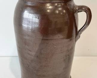 Early 3 Gallon Brown Glazed Stoneware Churn with Handle