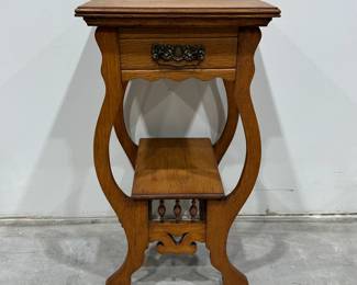 Small Oak Square Parlor Table with Drawer & Harp Base