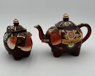 2 Japanese Satsuma Moriage Elephant Tea Pots